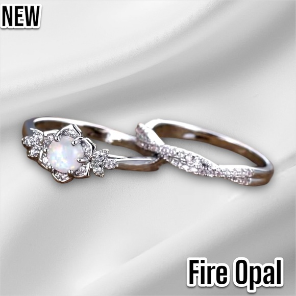 New White Fire Opal Flower CZ Crystal Vintage Wedding Engagement Ring Set - Picture 6 of 14